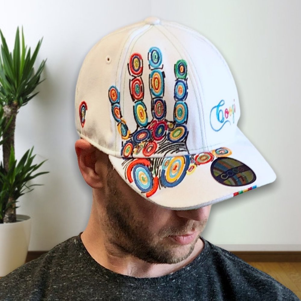 Coogi White Fitted Baseball Ball Cap Hat with Bright Embroidered Hand Print Art